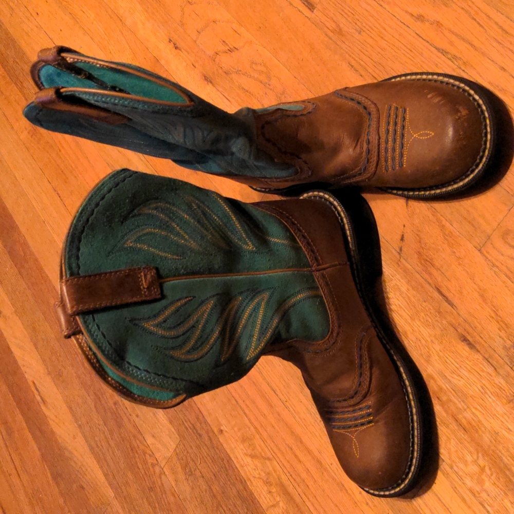 Ariat FatBaby Western Turquoise Leather Pull-On Cowboy Boots Women's 7.5B